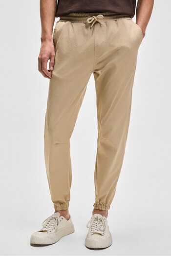 GRIMELANGE Jakob Men's Woven Washed 4-Pocket Thick Textured Beige Trousers with Elastic Legs