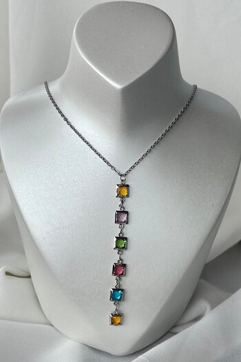 Vitastyle Silver Color Square Stone Detail Y Model Steel Necklace