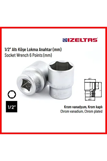 İzeltaş İzeltaş Six Corner Socket Wrench, 1/2 Inch 22 Mm, High Torque Resistance