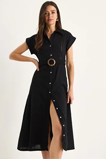 Bianco Lucci Rochie de damă din dantelă cu dungi, cu închidere cu nasturi, căptușită cu curea, din muselină 7008 60283382
