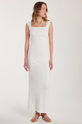 Tudors Women's Modal Fabric Standard Fit Regular Cut Square Neck Back Slit Viscose Ecru Dress