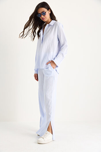 Bianco Lucci Women's Shirt Collar Self-Striped Comfortable Fit Summer Bottom-Top Suit 6016 60283381