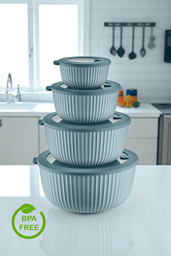 Sevinse Home Dora Set of 4 Vacuum Sealed Storage Containers with Lids, Microwave and Freeze Suitable Blue Vacuum Bowl