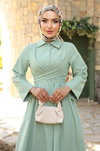 InStyle Kuşak Detaylı Gömlek Yaka Mint Yeşili Elbise