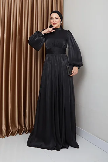 Olcay Hijab-Abendkleid aus Seide – Yoryo, Taillengürtel und Kordelzug-Detail, SCHWARZ 1225