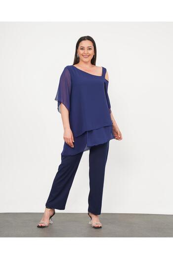 Butik Nilyam Women's Plus Size Chiffon One Shoulder Suspender Detailed Evening Dress Suit 24717