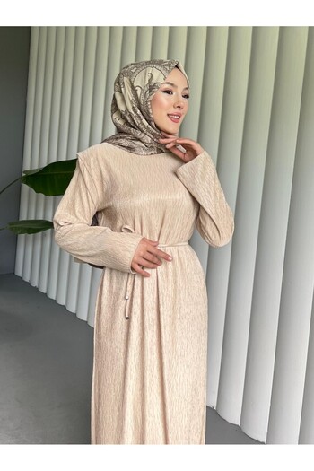 Modamorfo Padded Shoulder Lace up Wrap Dress -Beige