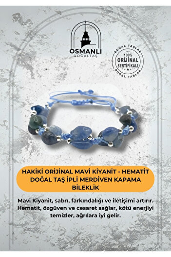 OSMANLI DOĞAL TAŞ Blue Genuine Original Kyanite - Hematite Natural Stone String Bracelet Closure