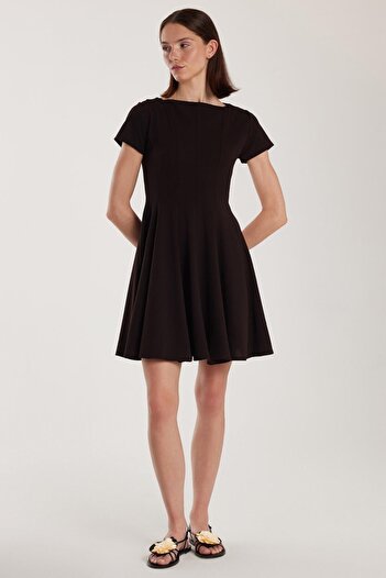 Tudors Women's Regular Fit Classic Cut Crew Neck Pleated Mini Black Dress