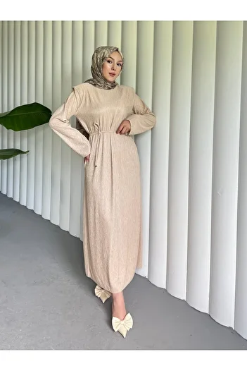 Modamorfo Padded Shoulder Lace up Wrap Dress -Beige