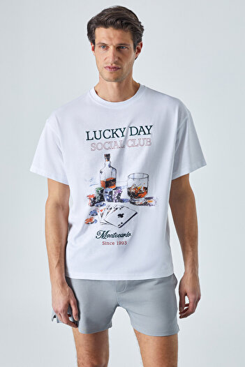 GRIMELANGE Lucky Men's Oversize Fit White T-Shirt