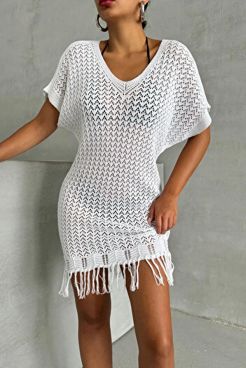 AQE FASHION Γυναικείο Διχτυωτό Μίνι Φόρεμα Παραλίας Φούντα Μπικίνι Τοπ Λευκό Τούνικ