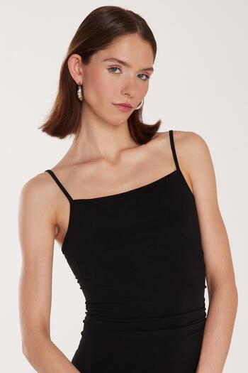 Tudors Women's Slim Fit Slim Fit Stretchy U Neck Midi Black Dress