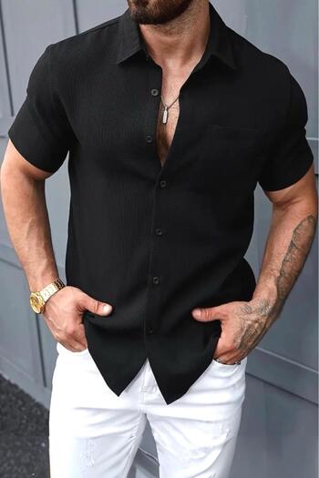 Oksit Theo Slim Fit Flexible Lycra Short Sleeve Standing Collar Men's Shirt