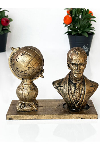 Teknookul Atatürk ve Dünya Küresi Figürü | Dekoratif Anı ve Masa Üstü Biblo Hediyelik Eşya Gold Renk