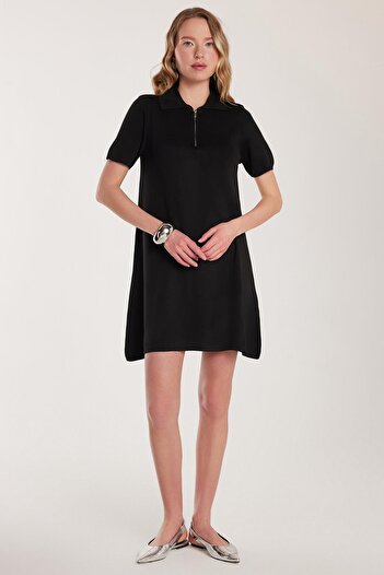 Tudors Women's Standard Fit Short Sleeve Zip Shirt Collar Black Dress