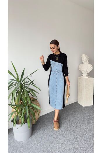 Klein KLEİN Women's Denim Detail Long Sleeve Dress
