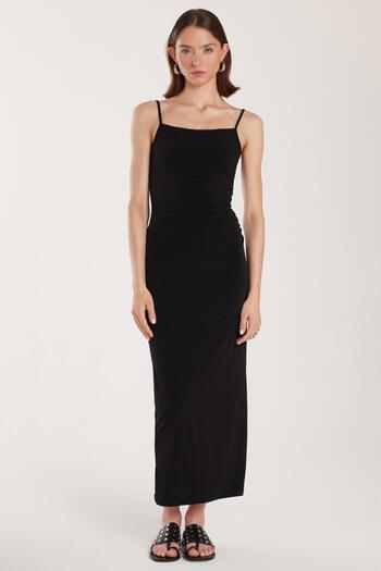 Tudors Women's Slim Fit Slim Fit Stretchy U Neck Midi Black Dress