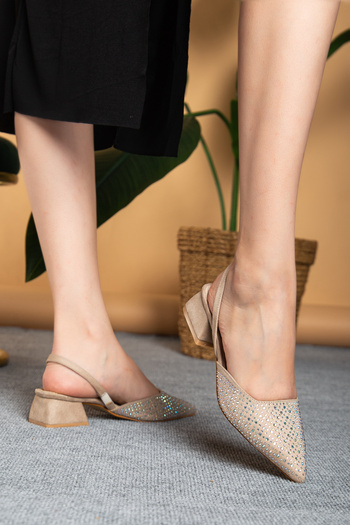 bakacstore Women's Beige Suede Stone Detailed Pointed Toe Slingback Shoes