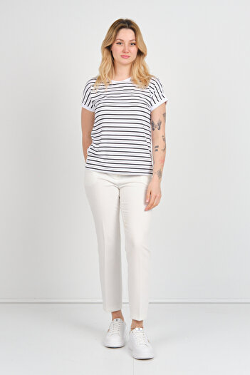 Sistas Women's Crew Neck Striped Blouse with Gold Buttons on the Sides 24298 Ecru