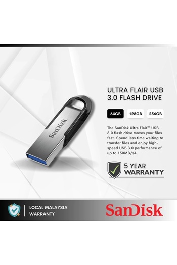 SanDisk Ultra Flair 64GB USB 3.0 Flash Drive – High-Speed Silver Pen Drive with Secure File Storage