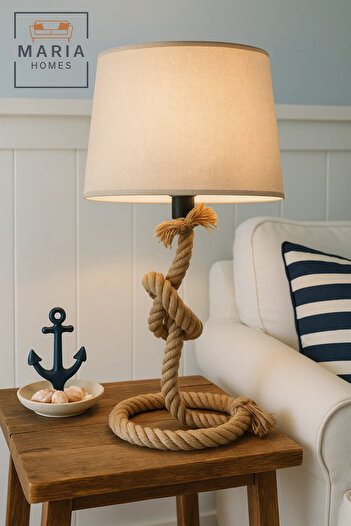 MARIA HOMES Coastal Rope Table Lamp with Fabric Shade
