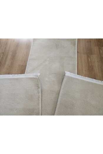 AKSU Modern peluş 3lü bej saçaklı yatak odası takımı yıkanabilir antibakteriyel 2adet75x150 1adet 75x300