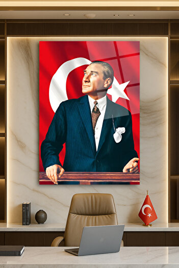 duvarsanatı Mustafa Kemal Atatürk and Turkish Flag Vertical Glass Painting Modern Home Office Living Room Gift Large Painting