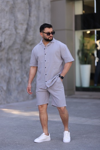 MYRAB DENİM Gray Color Shirt Shorts Men's Linen Suit Oversize Fit