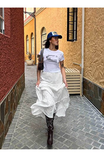 fablair White Basic Pleated Women's Long Skirt