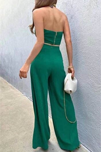 MODA Women's Pera Linen Fabric Ring Detailed Back Etal Zippered Waist Hidden Zippered Bustier Pants Suit