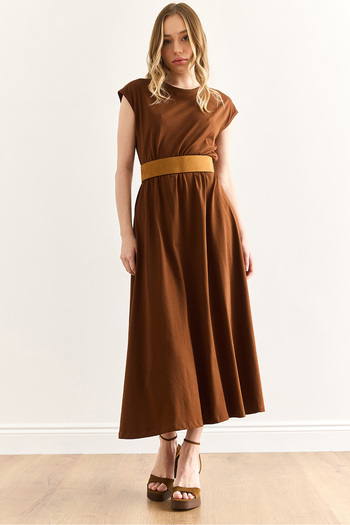 Olalook Women's Brown Elastic Waist Bat Combed Cotton Dress Elb-19001509