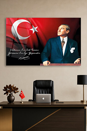 duvarsanatı Ataturk and Turkish Flag Horizontal Glass Painting, the Best Duty Who Loves His Homeland Most Is the Best
