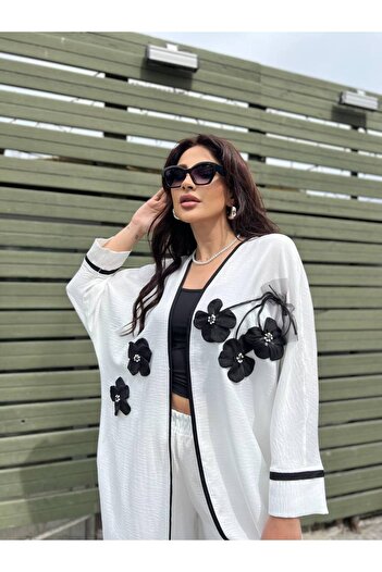aytenli Straight Collar Oval Cut Stripe Flower Detailed Draped Top Wide Leg Elastic Waist Size Pocket Set