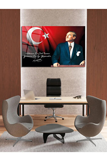 duvarsanatı Ataturk and Turkish Flag Horizontal Glass Painting, the Best Duty Who Loves His Homeland Most Is the Best