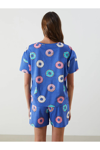 LC Waikiki LCW Young Mavi Bisiklet Yaka Desenli Kadın Şortlu Pijama Takımı