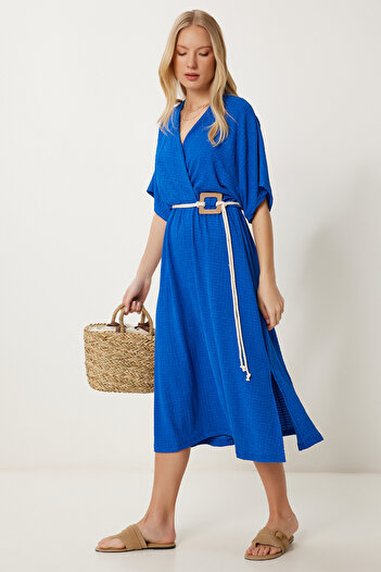 Happiness İstanbul Rochie de damă, albastră, cu guler dublu, cu centură, elastică, înfășurată ZV00310