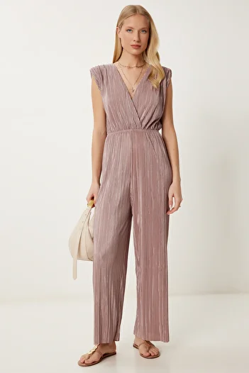 Happiness İstanbul Women's Mink Padded Pleated Knitted Jumpsuit An00235
