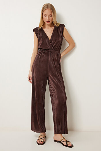 Happiness İstanbul Women's Brown Padded Pleated Knitted Jumpsuit An00235