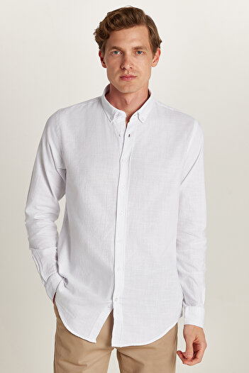 Tudors White Flamed Slim Fit Shirt - 100% Cotton, Linen Texture, Buttoned Collar