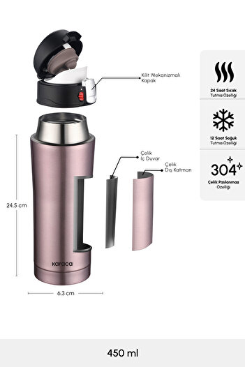 Karaca Thermos etanș din oțel Pluton de 450 ml Rose Gold