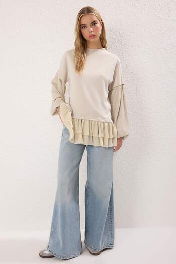 Trendyol Modest Světle béžová tkaná detailní nařasená pletená tunika TCTSS25UK00004