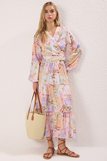 Trendyol Modest Pink Multicolor Floral Tie Detail Woven Bottom-Top Suit Tctss25Us00044