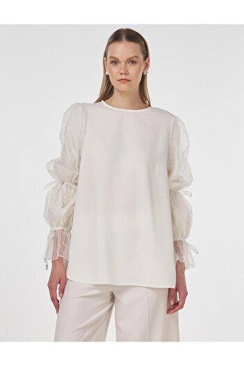 Kayra Stylish Blouse with Lace Detail Ecru