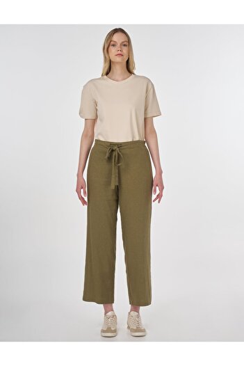 Kayra Linen Blended Carrot Trousers Khaki
