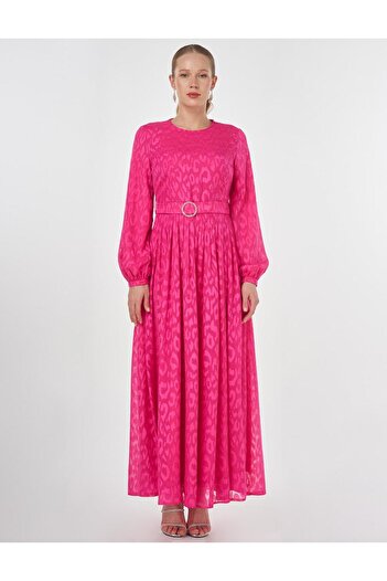 Kayra Jacquard Dress with Metal Accessories Fuchsia
