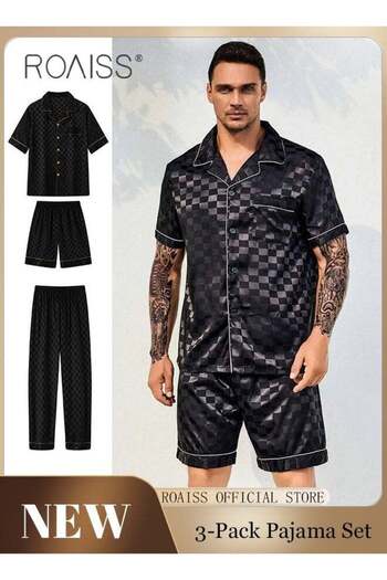 ROAISS 3-piece Set Men's Short Sleeves Pajamas Pants Trousers Sleepwear Sets Satin Grid Printing Silk Night
