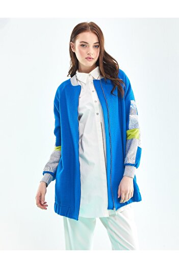 Kayra Zipper Closure Tweed Jacket Blue