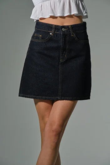 Maule Fusta mini din denim pentru femei, albastru bleumarin, 100% bumbac, cu 5 buzunare