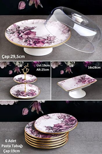 Pinkev Petunia 9 Piece Ceramic Cake Presentation Plate Set for 6 People